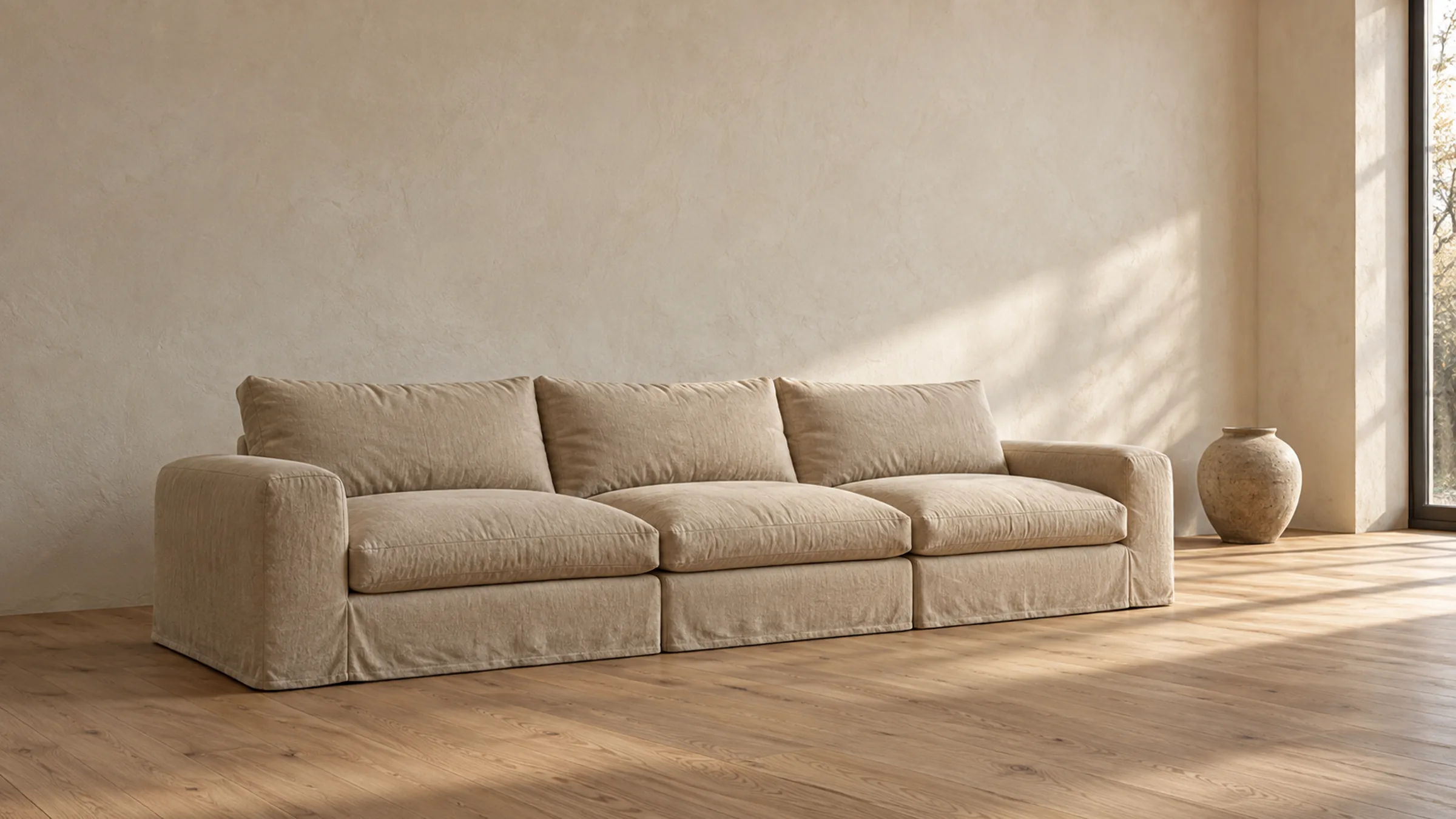 BRUNIA: deep sofa in a sand linen slipcover
