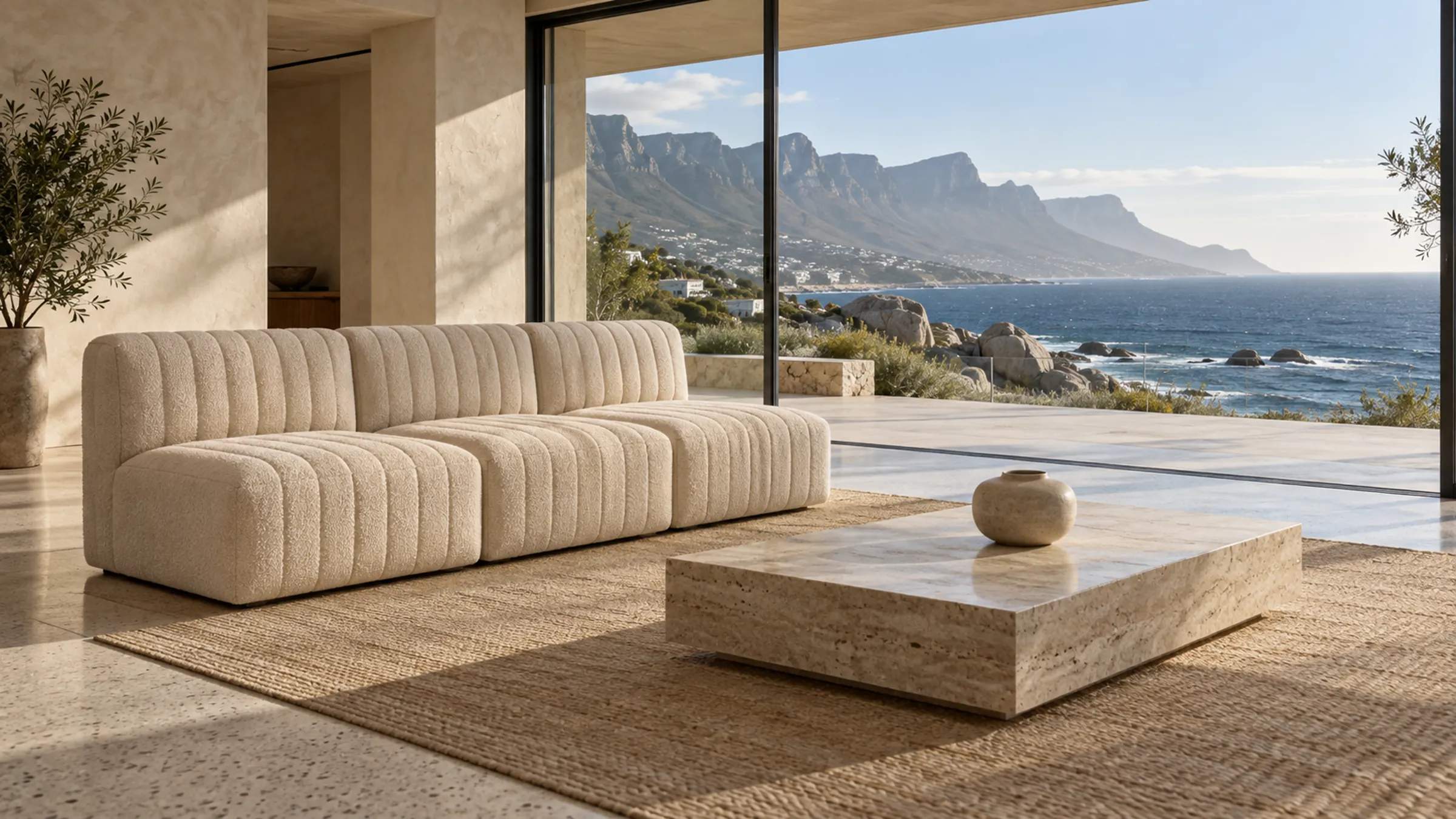 Ivory channel-quilted modular sofa in a living room facing the Atlantic