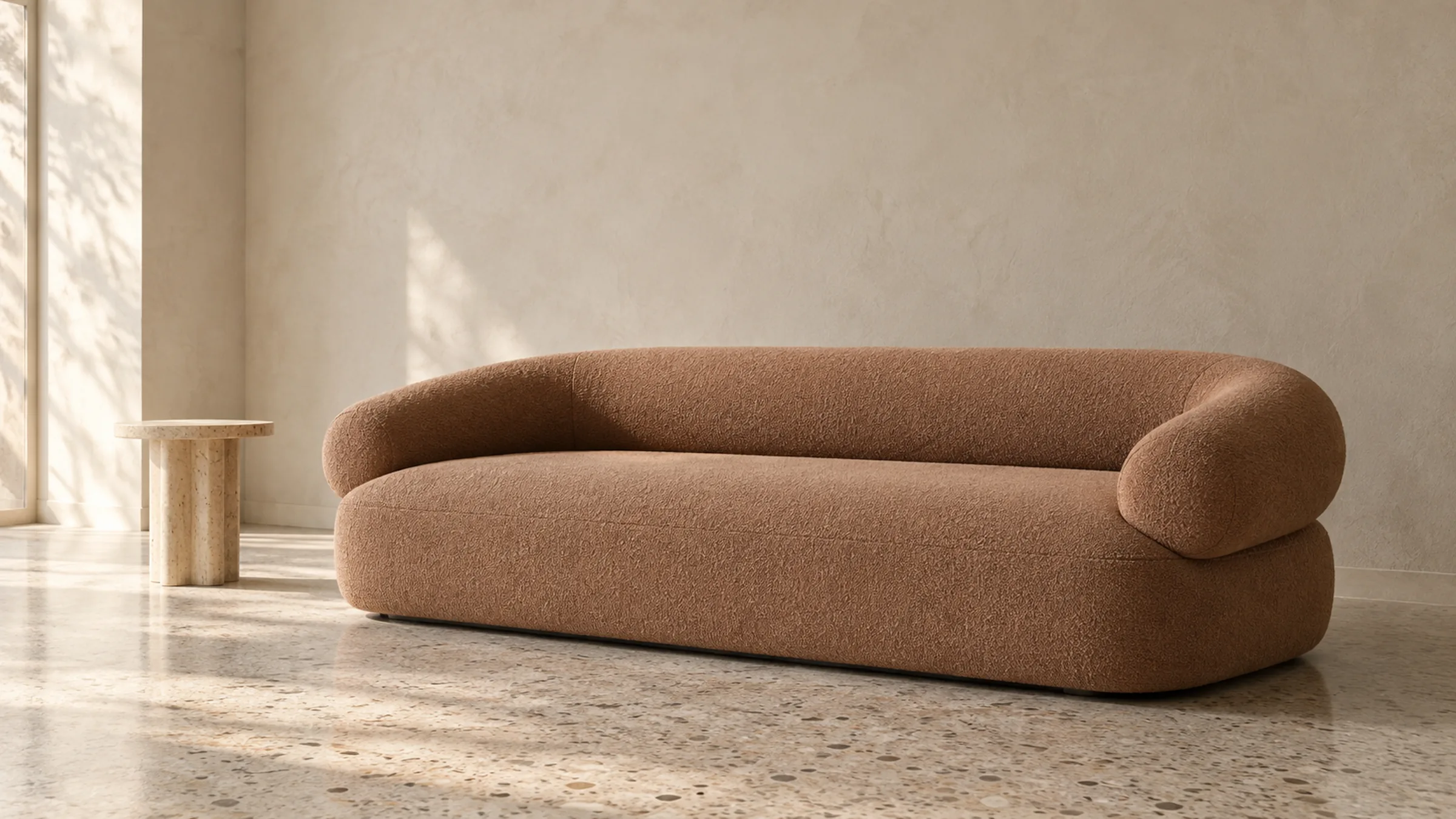 NERINE: clay boucle sofa with one wrapped bolster